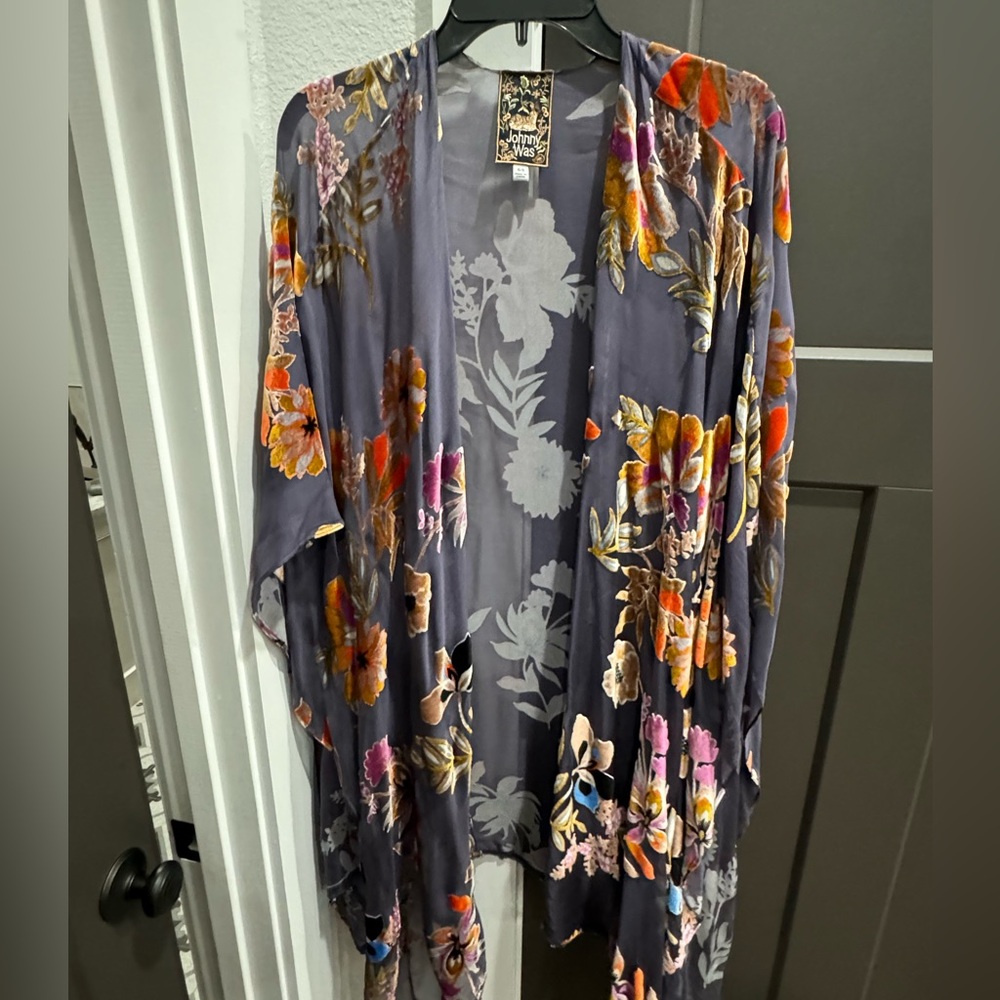 Johnny Was Sheer Wrap/Kimono with Velvet Floral Artwork
